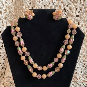 Vintage two tiered pink tulip necklace and earrings set.